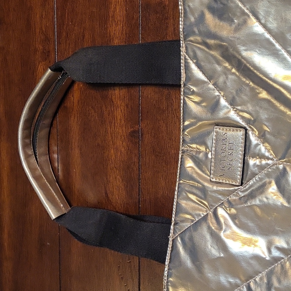 Victoria's Secret Shiny Silver Tote with Black Handles (NEW) - Picture 1 of 6
